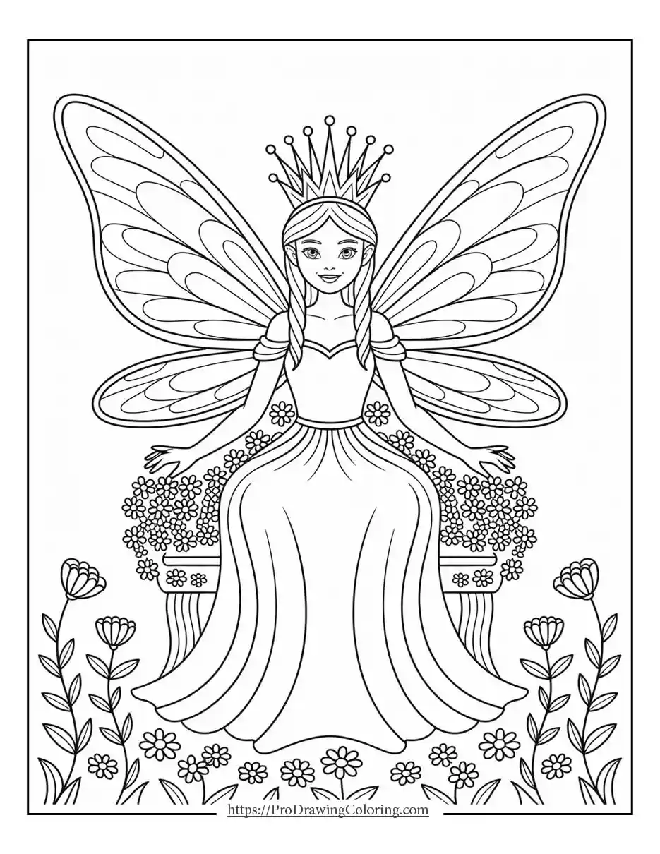 fairy queen flower throne coloring sheet Fairy coloring sheet for adults featuring fairy queen sitting on flower throne