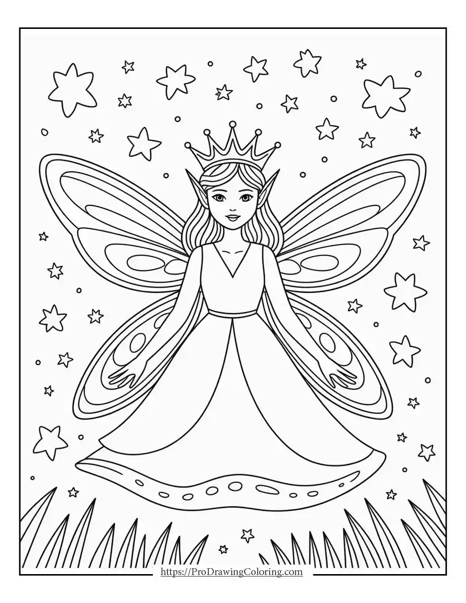 fairy queen watching stars coloring page Fairy queen looking at stars with gentle smile