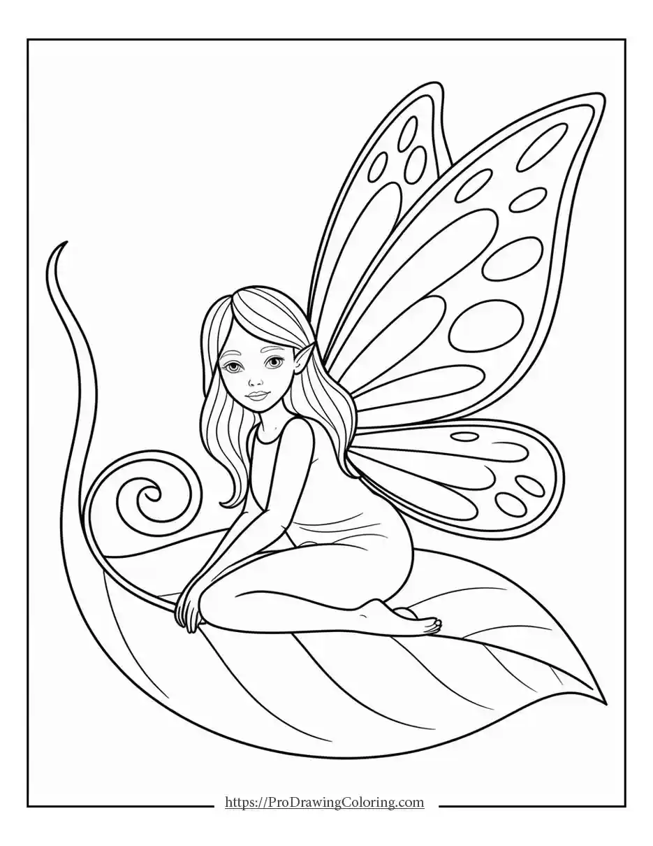 fairy resting on leaf Fairy sitting on curled leaf with calm expression