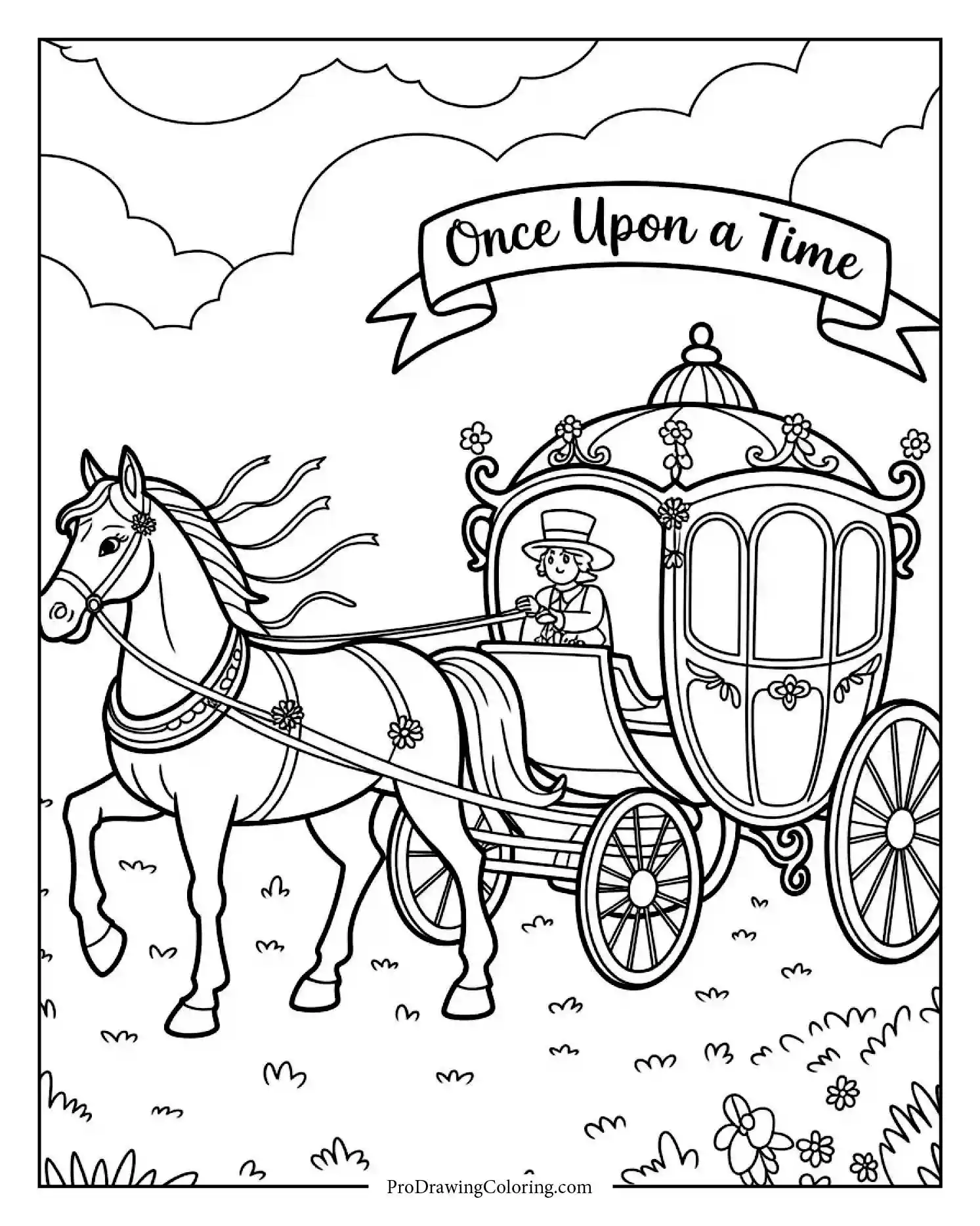 fairy tale horse carriage Printable horse pulling a fairy tale carriage, magical coloring sheet for kids