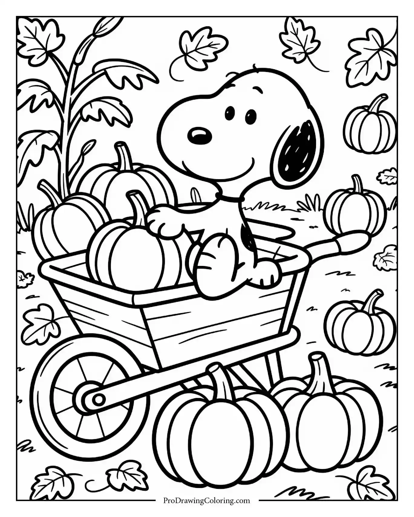 A printable coloring sheet depicting fall snoopy coloring pages walking through a pumpkin patch with a wheelbarrow full of large pumpkins and gourds.