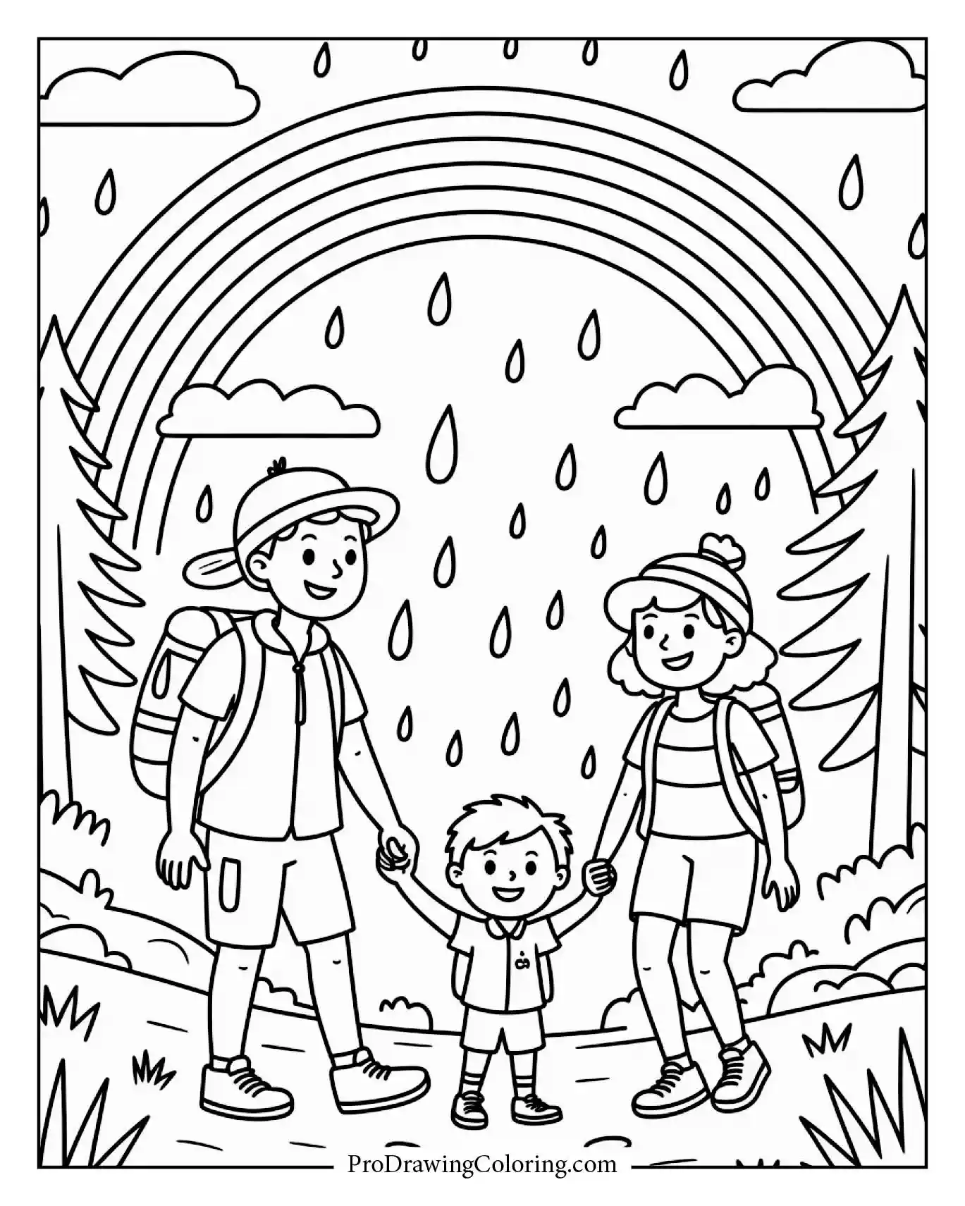 A family hiking through a tropical forest under a rainbow that appeared after rain