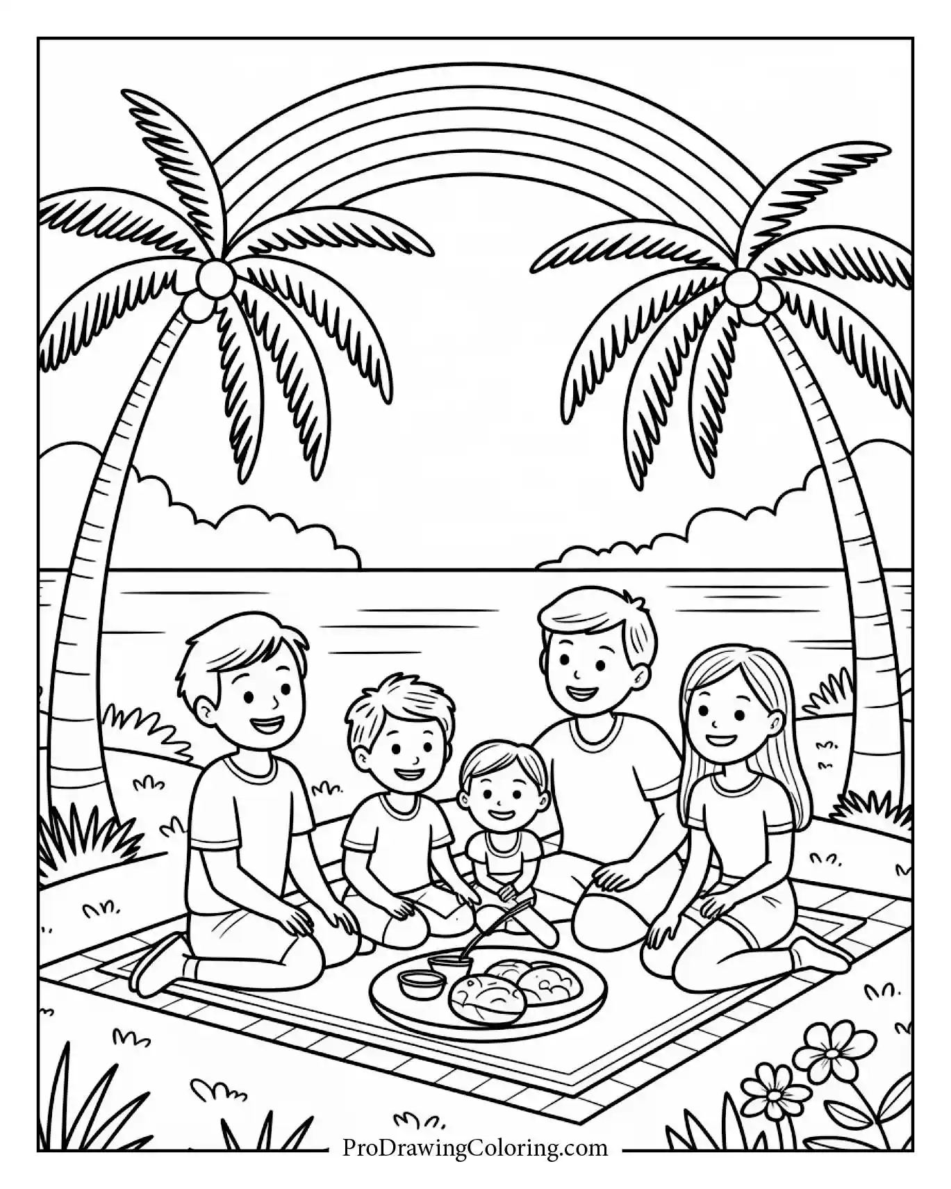 A family enjoying a picnic under a rainbow arching between palm trees by the beach printable coloring page