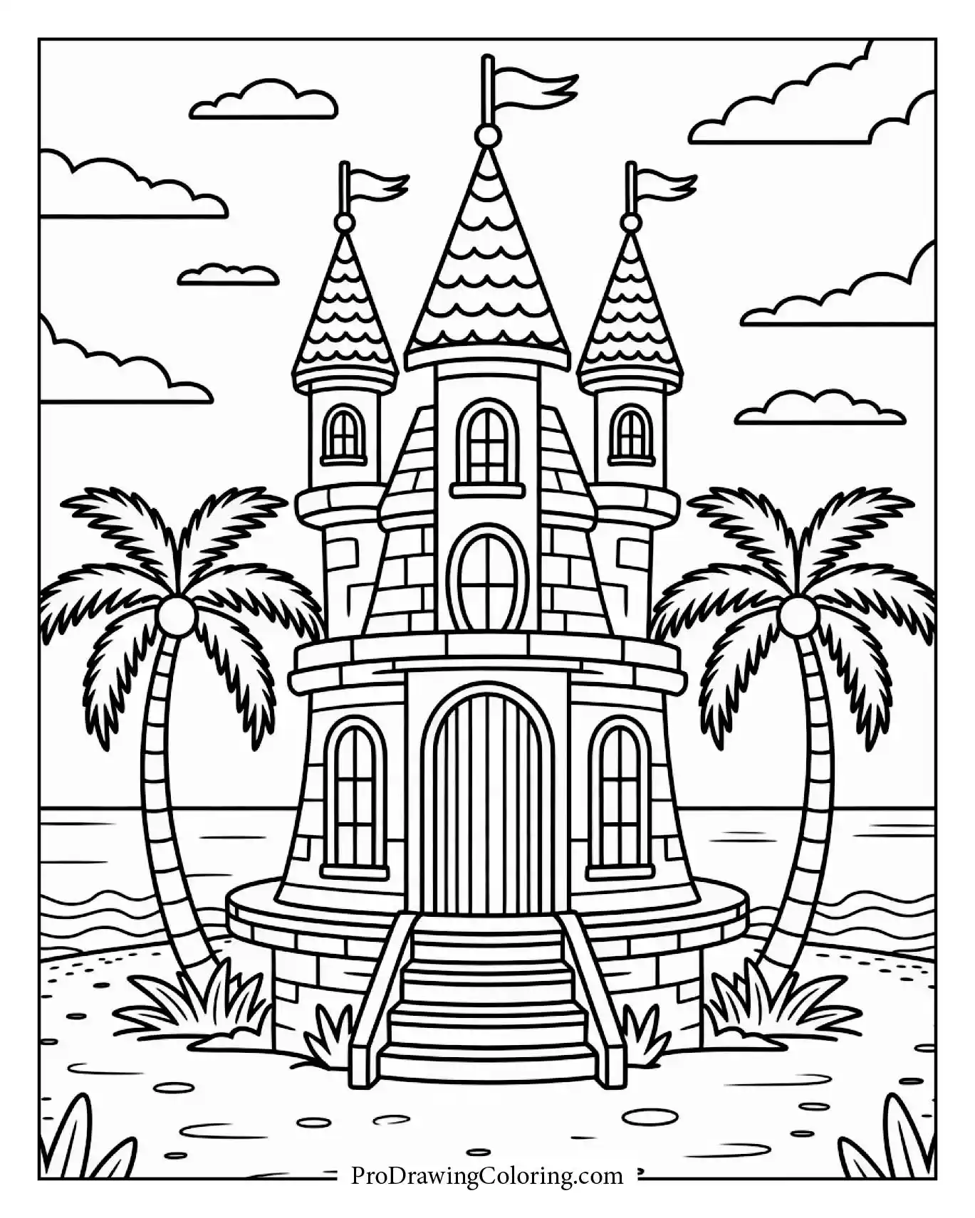 Beach coloring pages – fantasy beach castle house to color