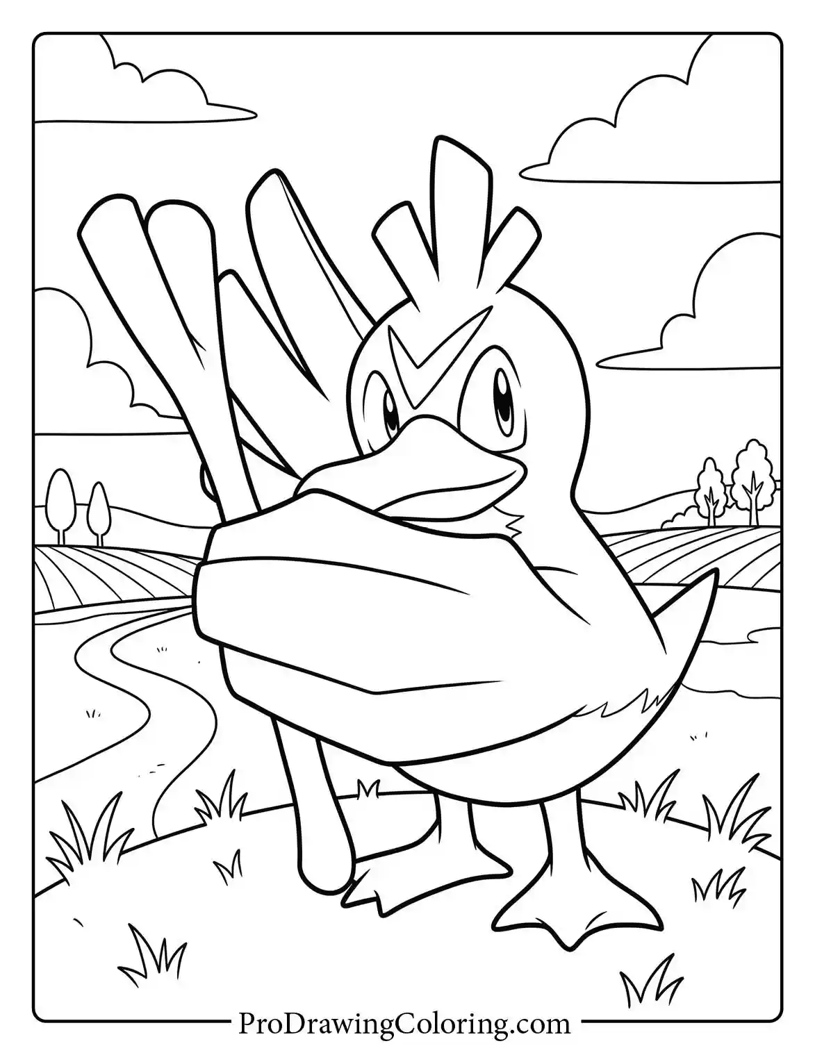 Printable Pokemon coloring page featuring Farfetch'd standing confidently holding its signature large leek weapon, looking ready for a battle in a grassy field near a path.