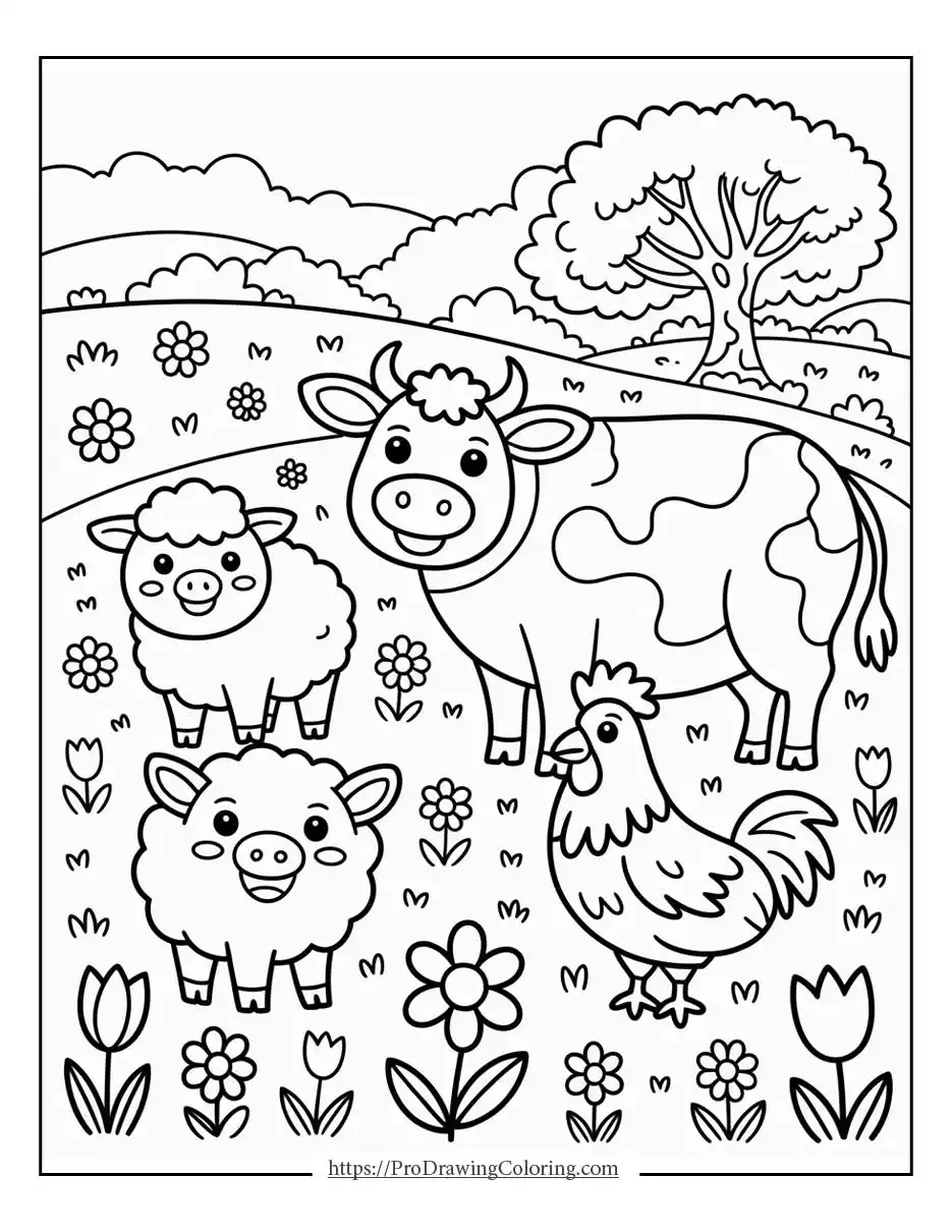 a friendly cow sheep and chicken standing in a spring field, shown in a spring coloring page style