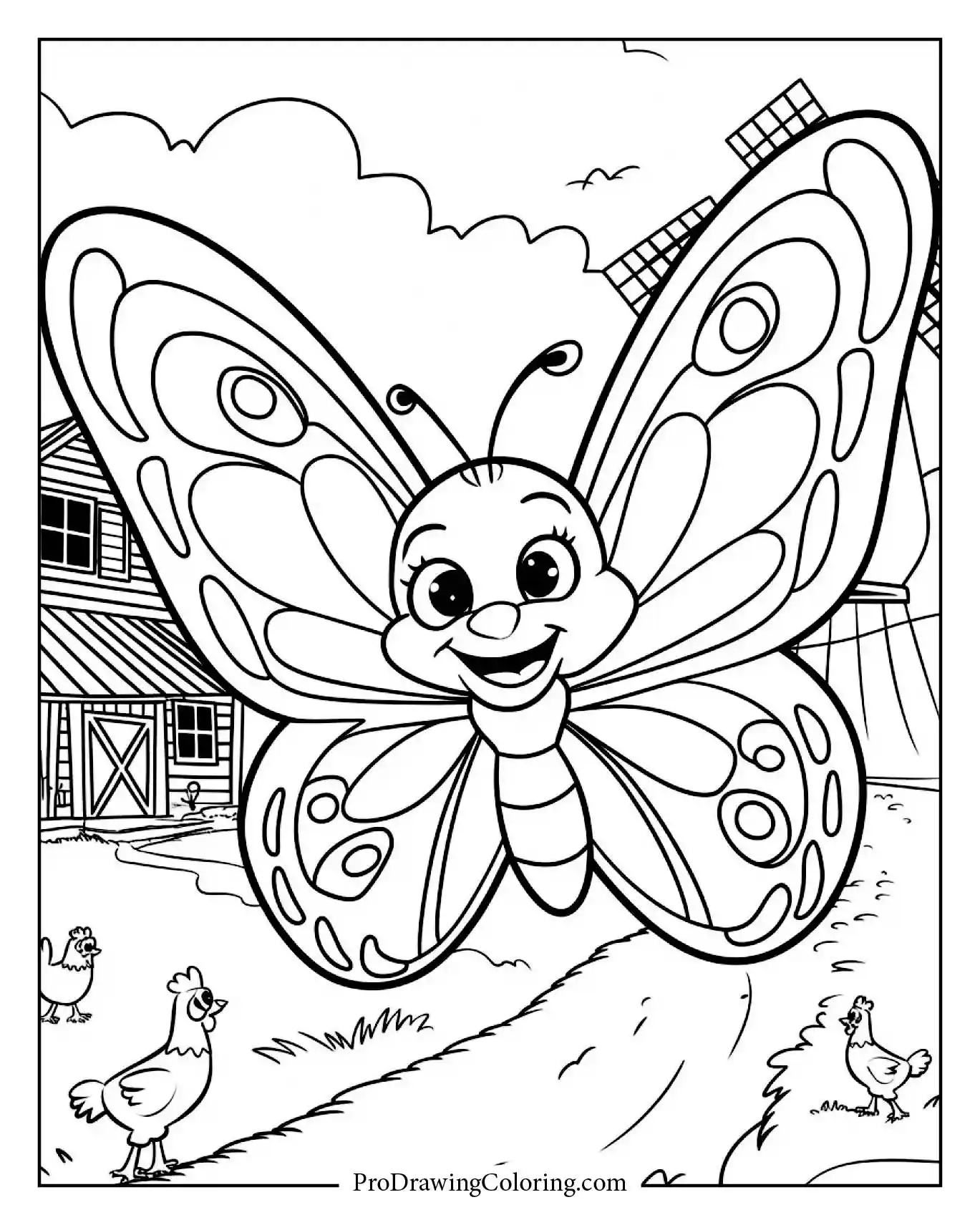 Large butterfly flying near farmhouse with chickens, printable scenery art.