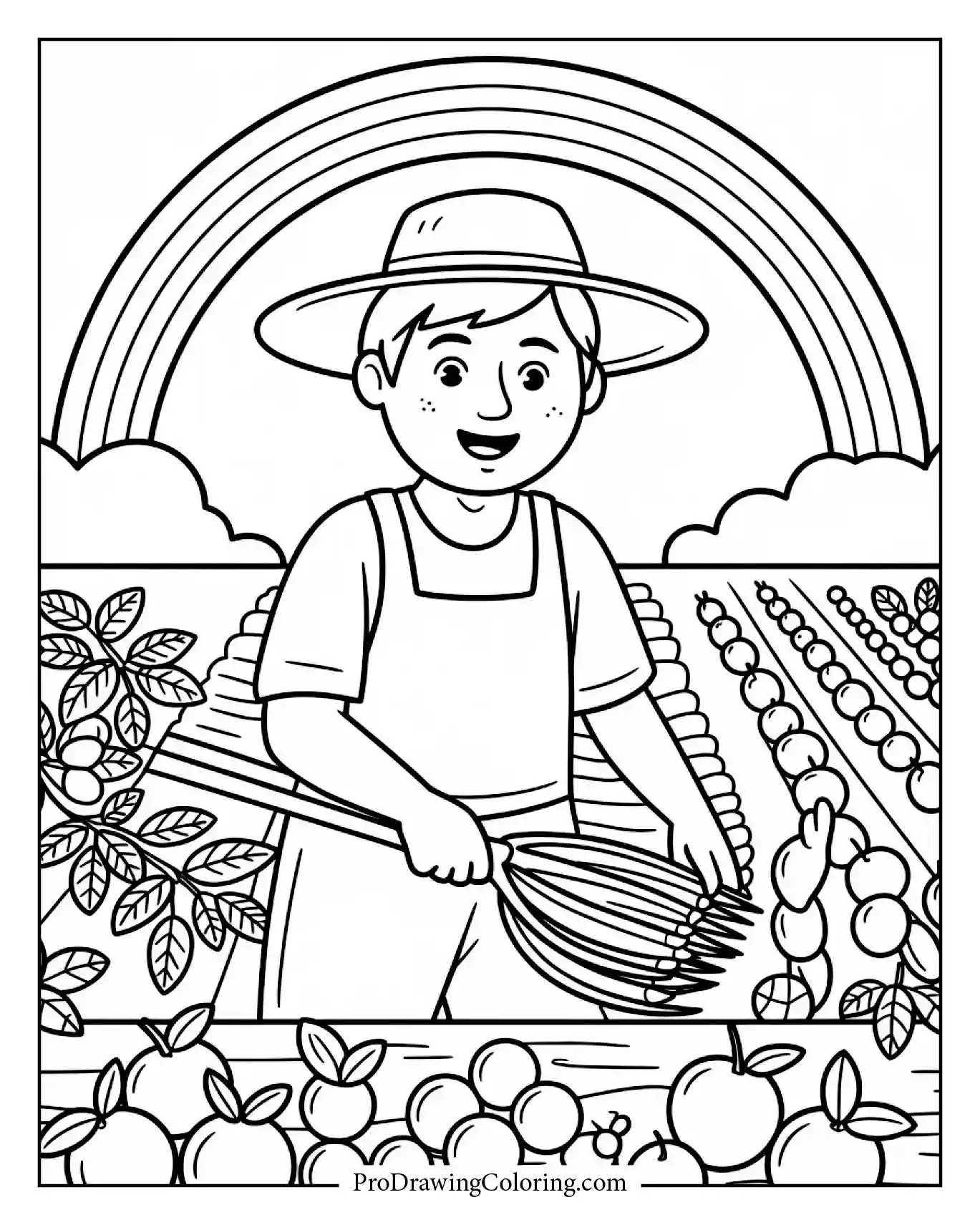 A farmer harvesting fresh fruits under a glowing rainbow arch after light rain