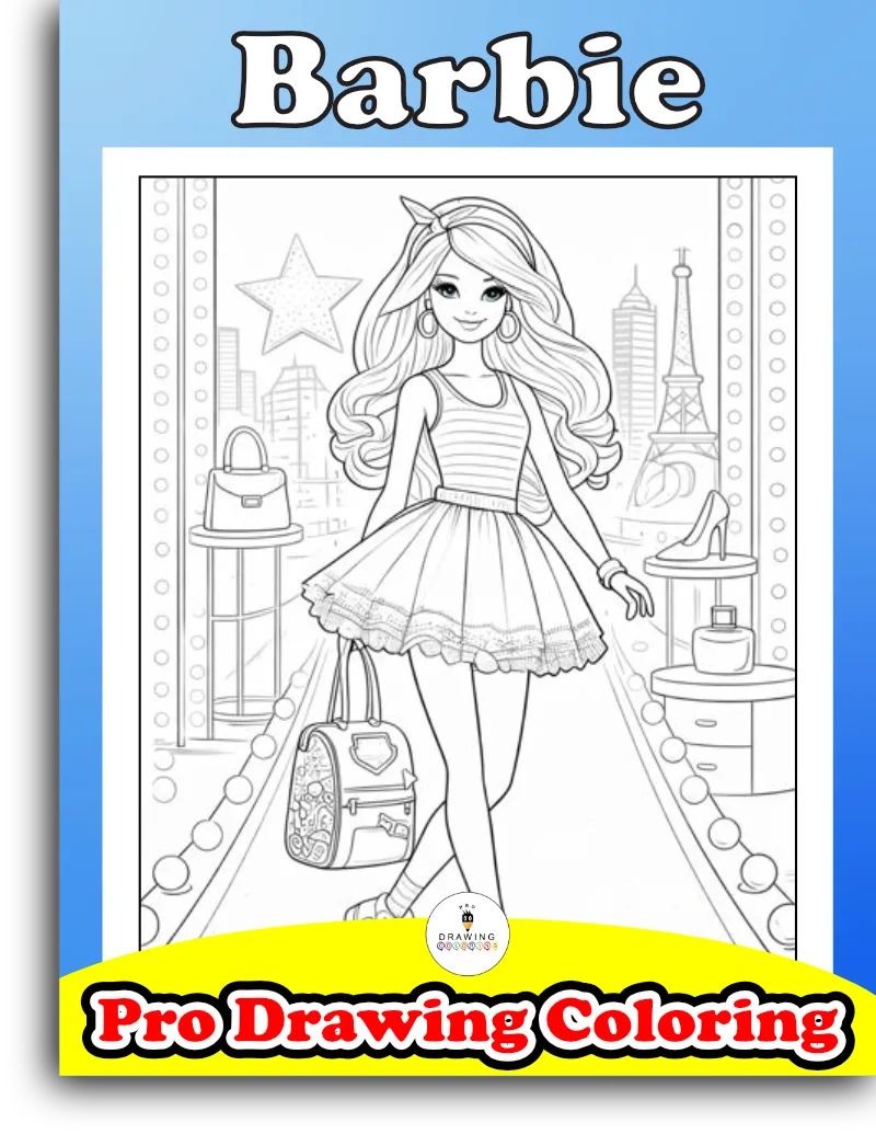 A happy cartoon Barbie in a stylish dress with a handbag, easy black and white printable for girls.