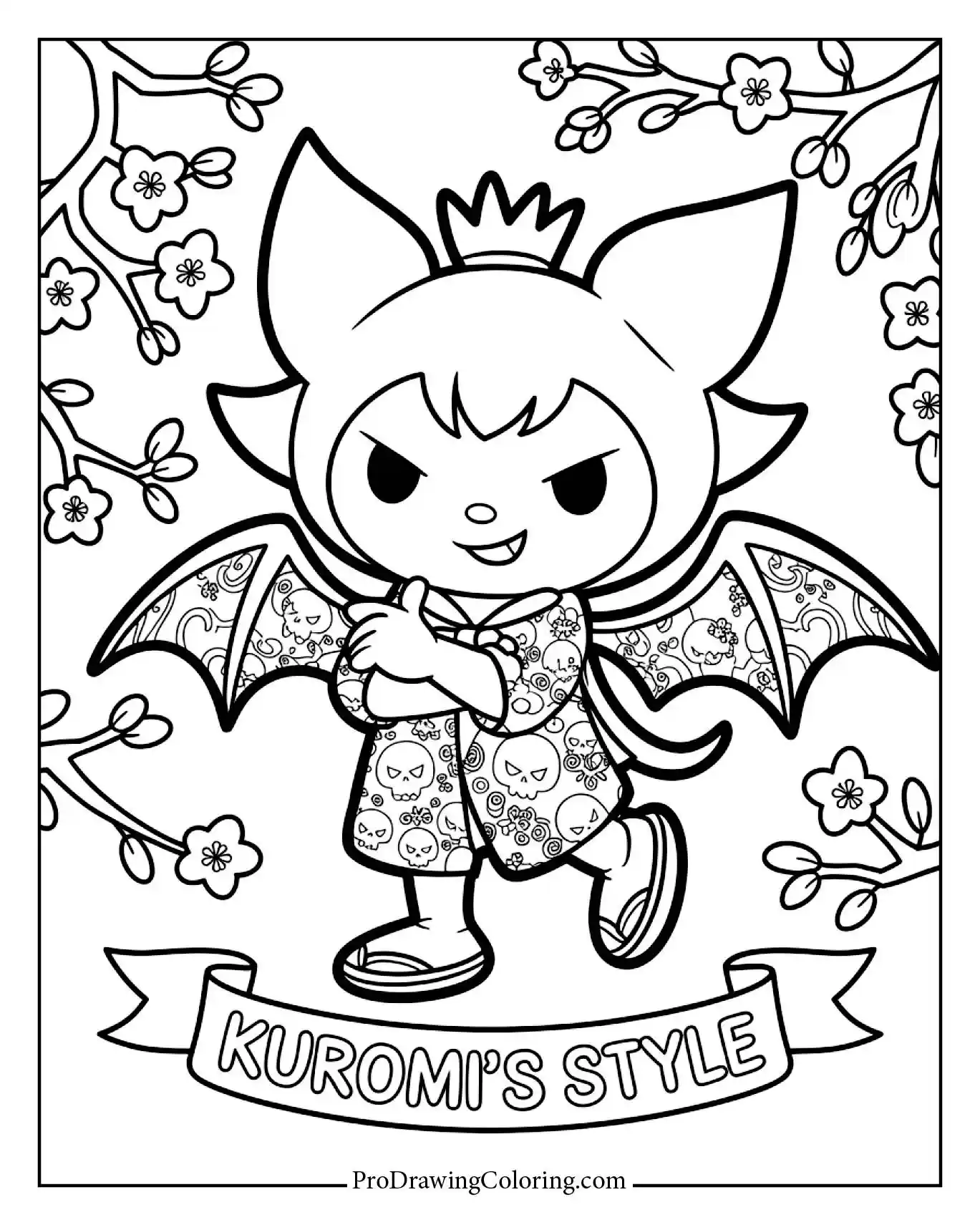 Lively fashionable Kuromi pose, trendy Y2K vibes, inspired by her mischievous charm.