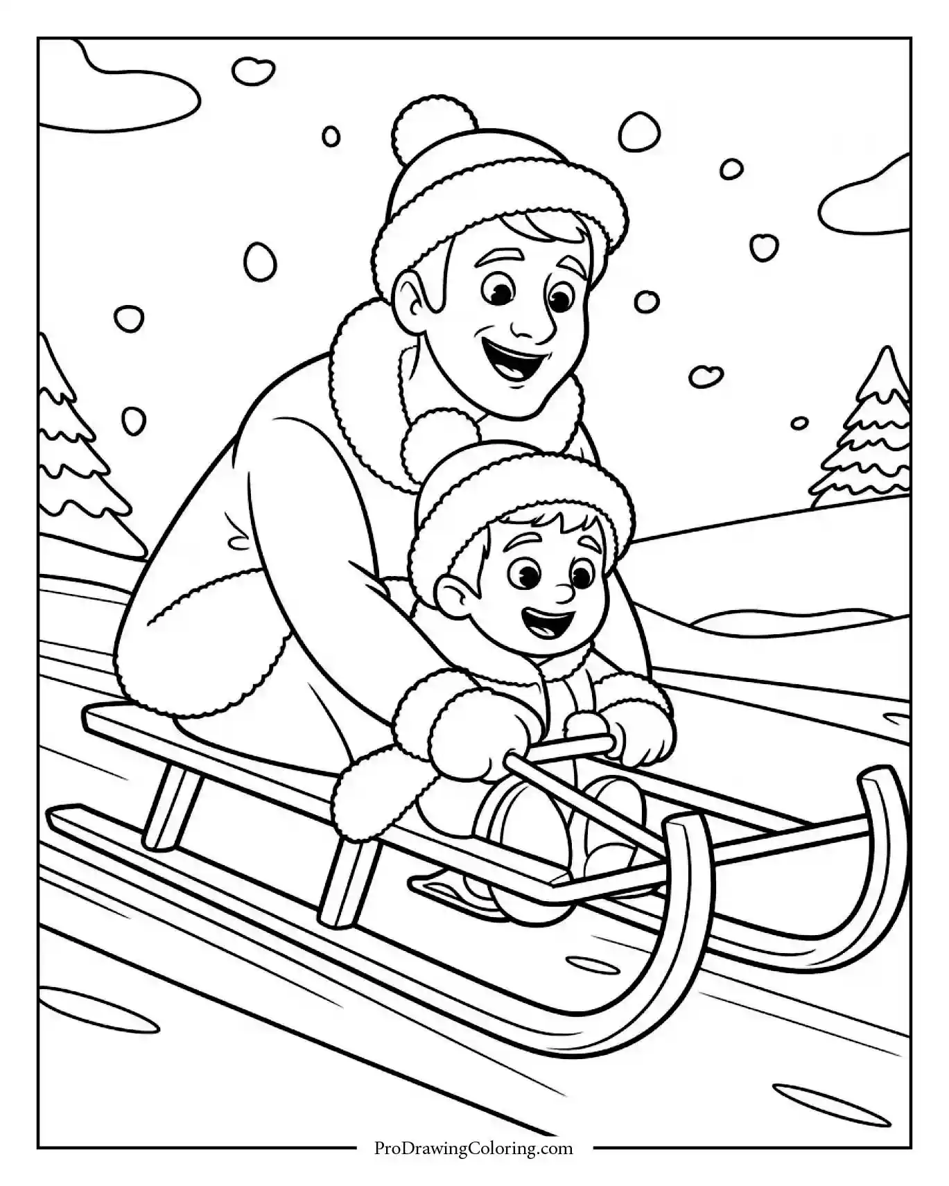 father son sled winter Father and son riding sled together in Disney style