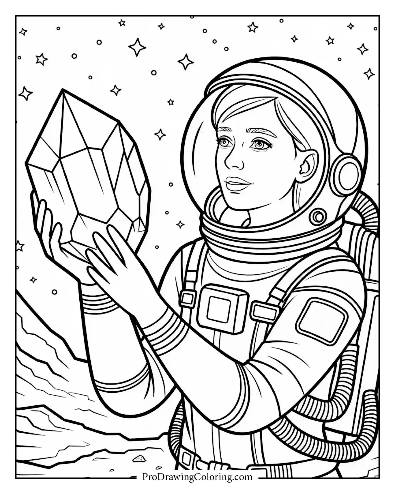 Female astronaut touching a crystal meteorite in deep space.