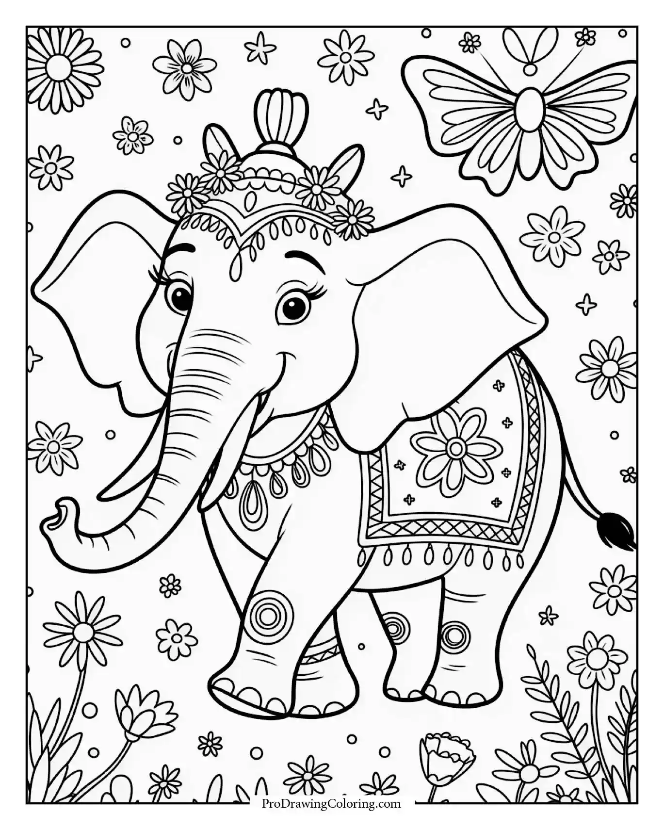 female elephant coloring page flower parade Elegant female elephant wearing floral ornaments in parade scene