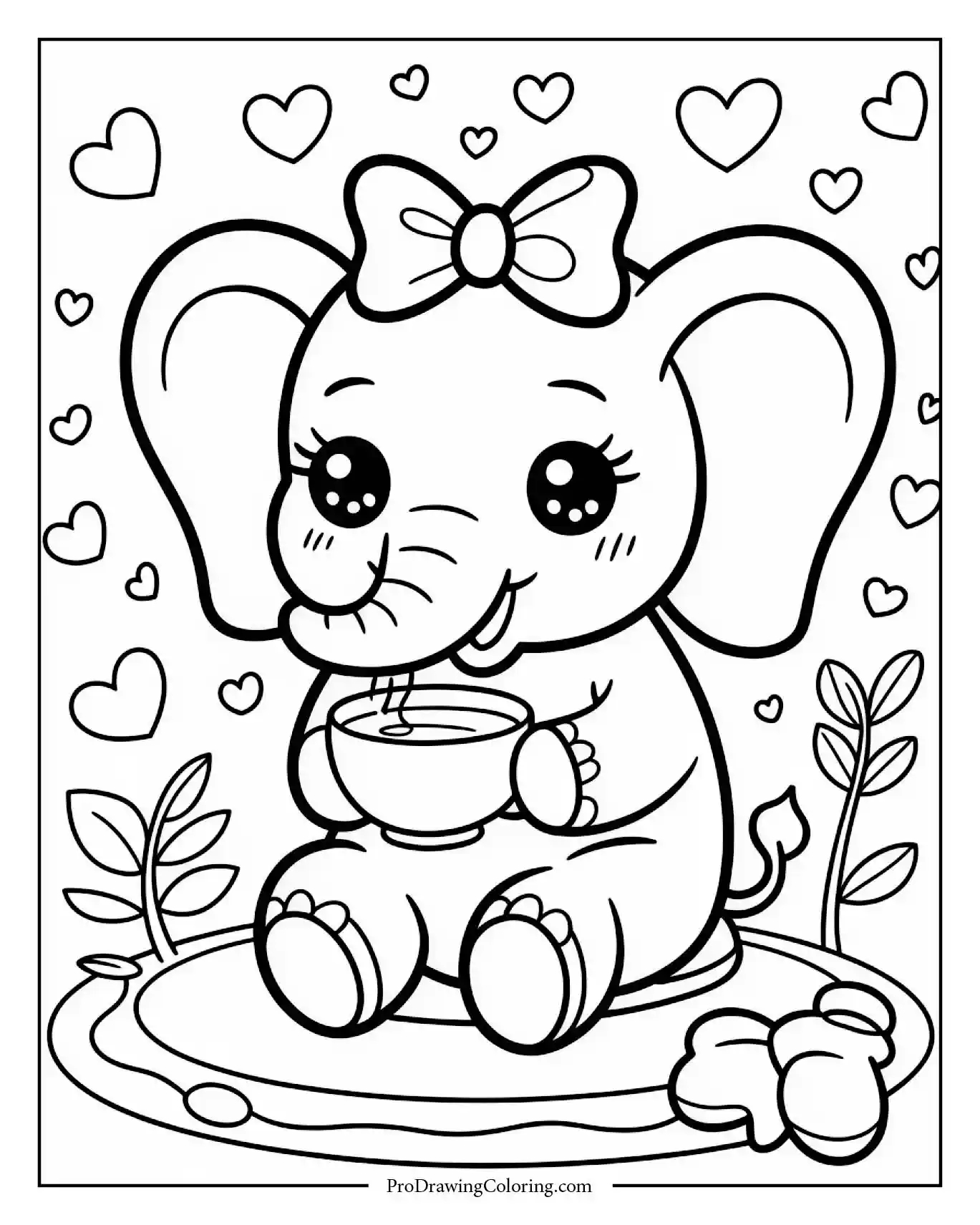 female kawaii elephant tea party Sweet female elephant having tea at cute table, printable sheet