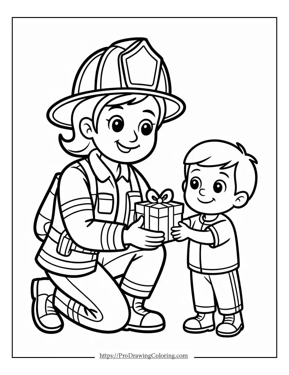Firefighter mom receiving a gift from her child in a Mothers Day scene