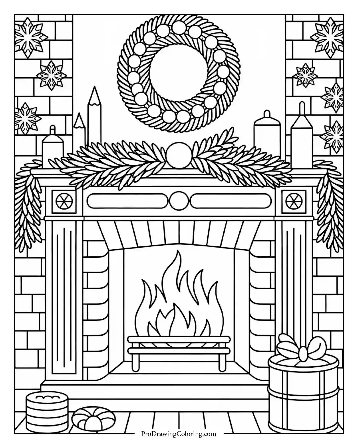 fireplace during winter coloring page Fireplace with decorations during winter season