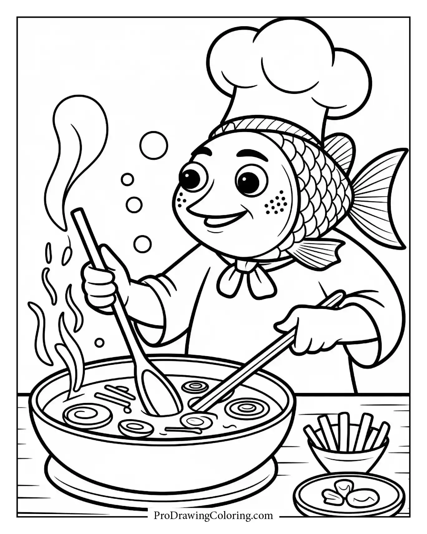 Funny fish chef cooking seaweed soup underwater