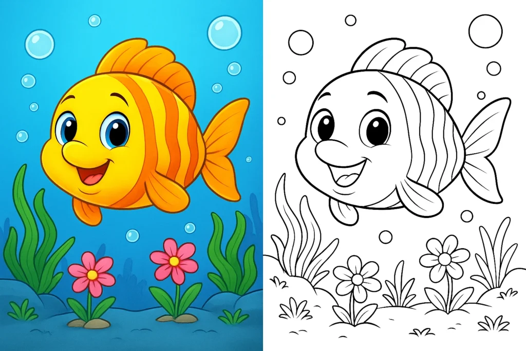 Fish coloring pages featuring a cute cartoon fish underwater with bubbles, sea plants, and flowers