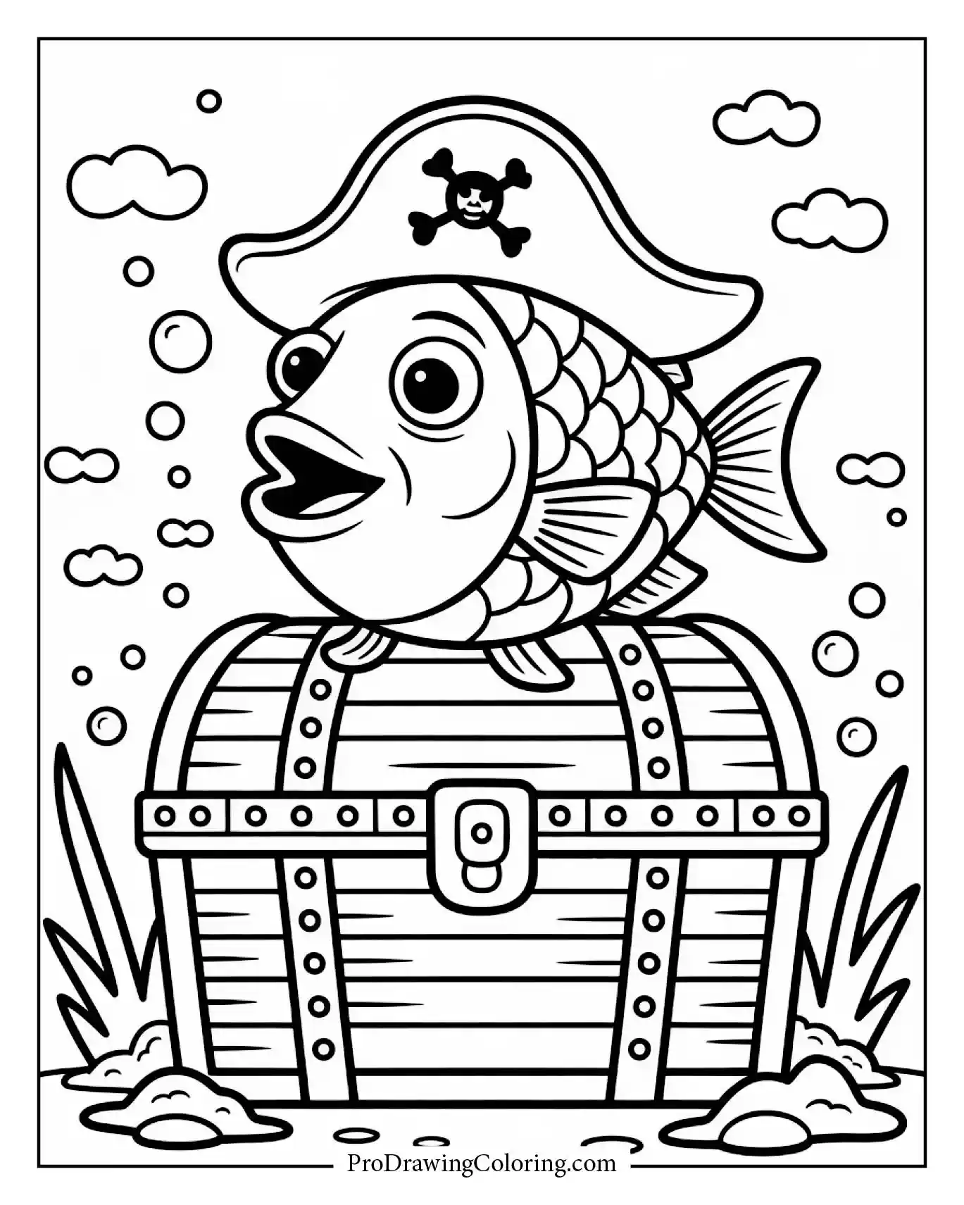 Funny fish wearing pirate hat sitting on treasure chest