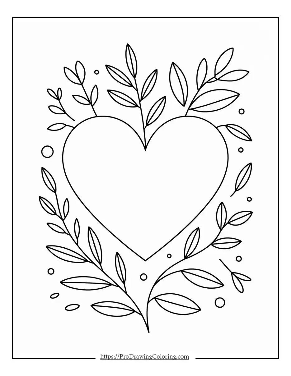 Elegant heart coloring pages featuring a clean floral outline with leaves, perfect for relaxing coloring activities