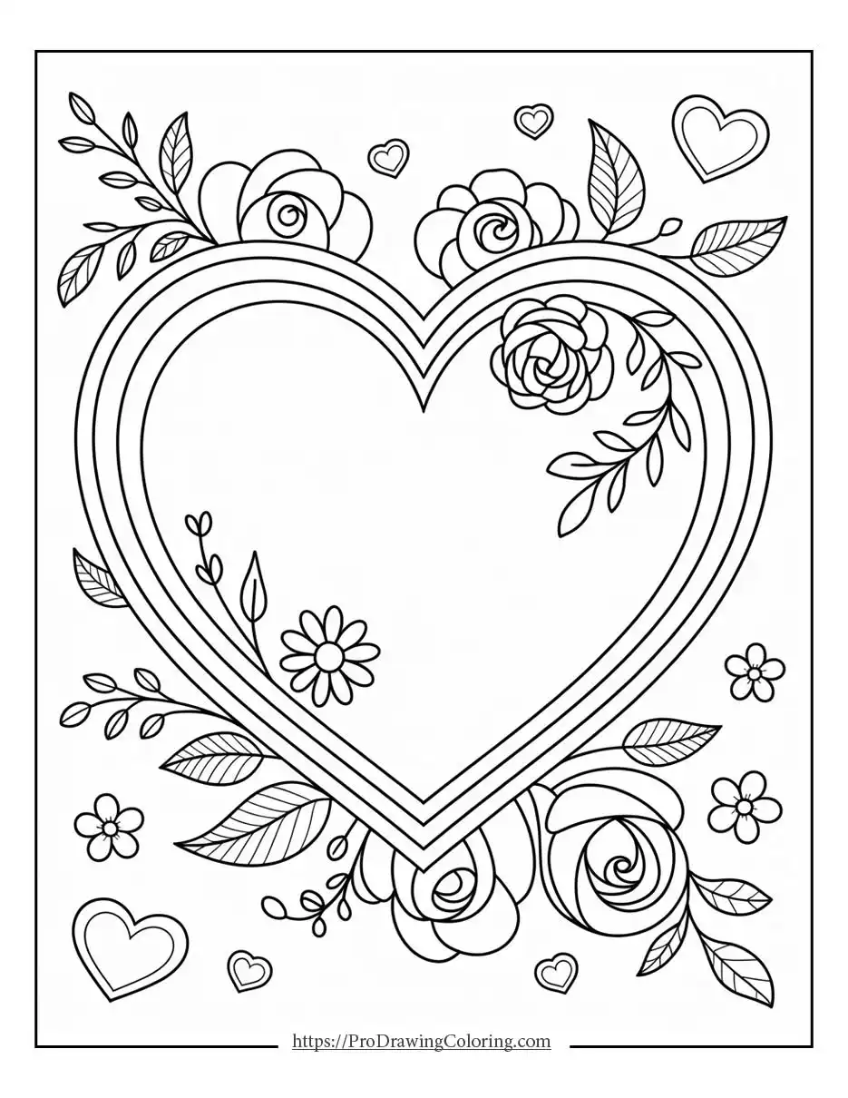 Decorative heart frame surrounded by roses, leaves, and small flowers