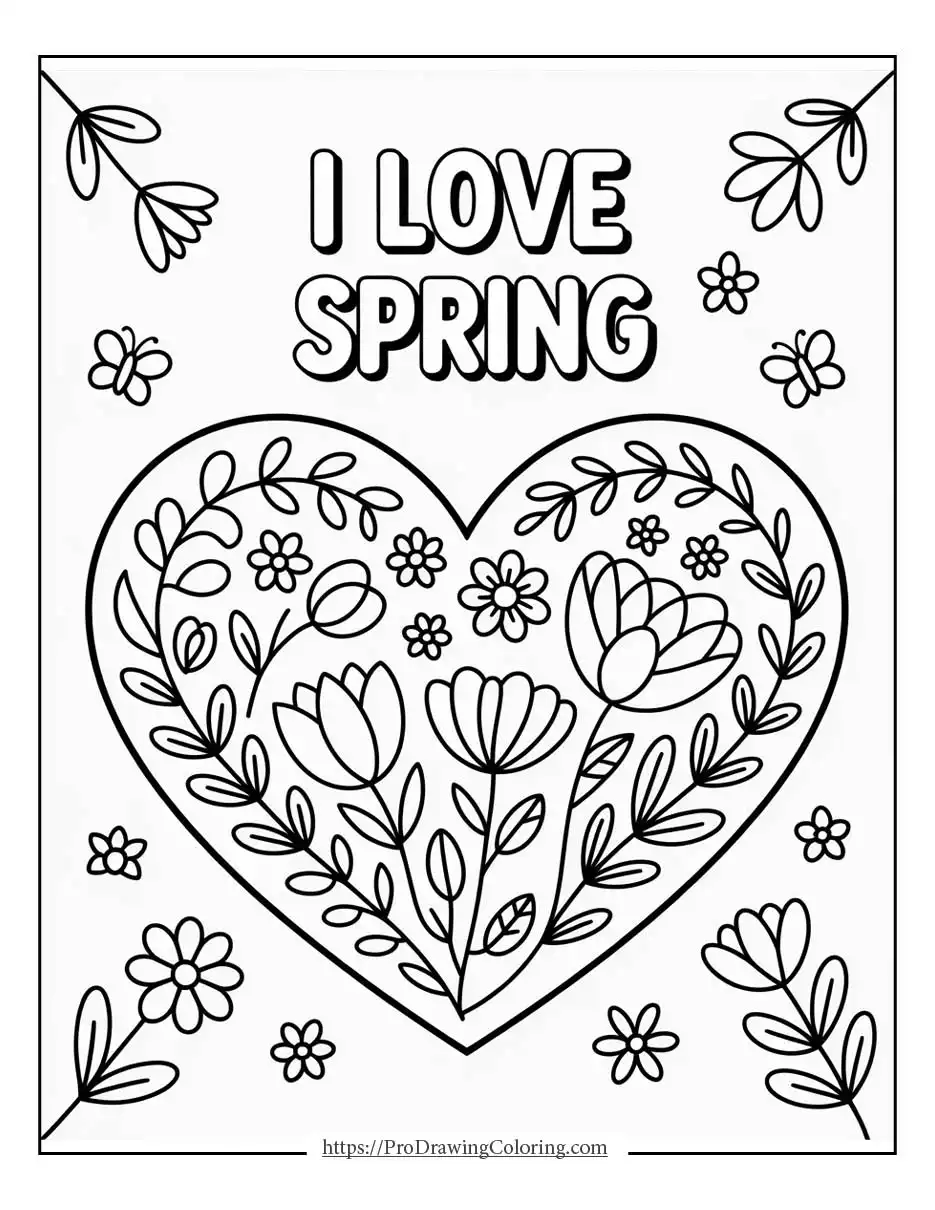 a heart filled with spring flowers and leaves, printable as a spring coloring page for relaxing activities