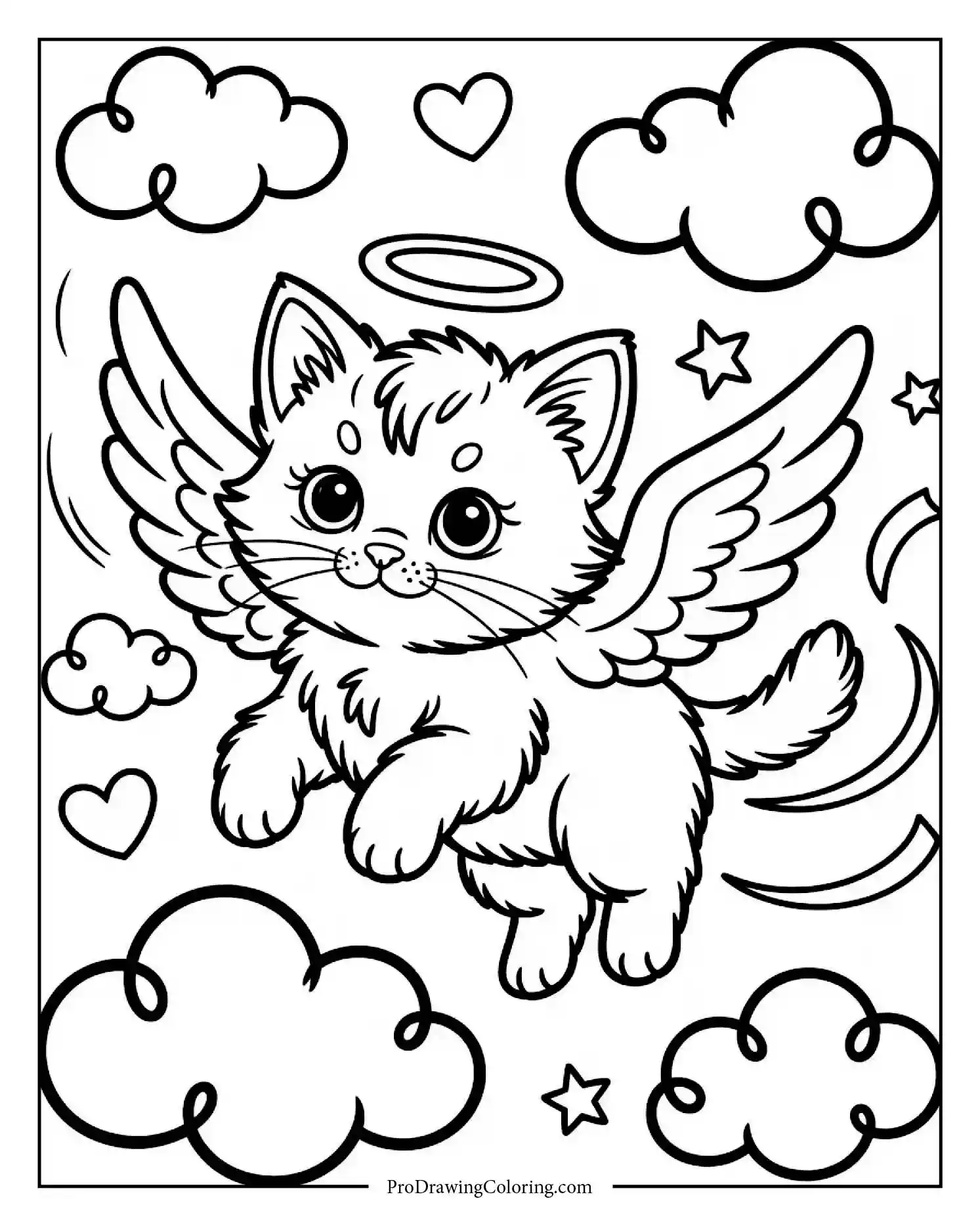 flying kitten Whimsical kitten coloring page with wings, fantasy theme