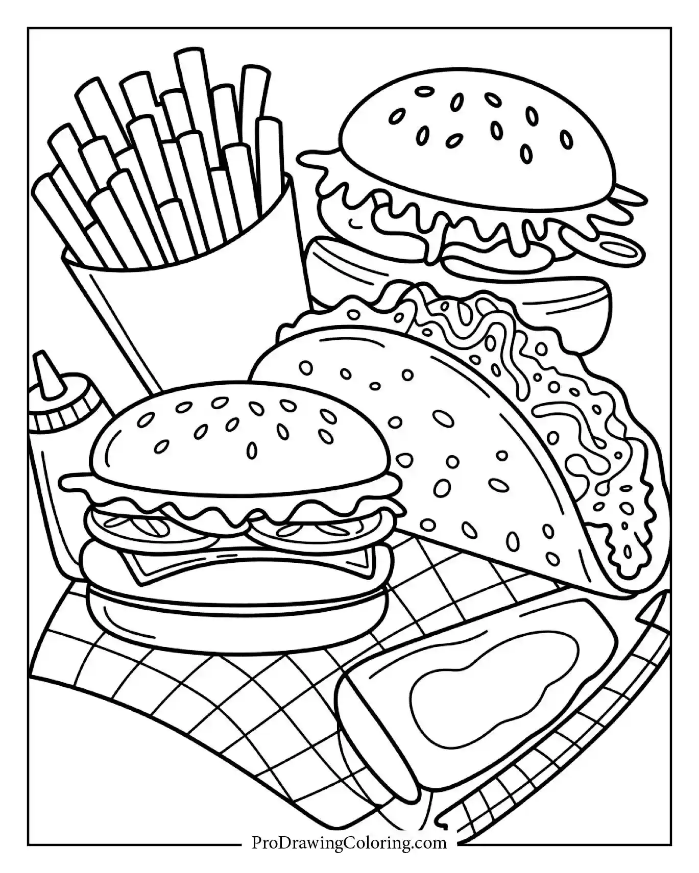 Printable food coloring pages with various snacks and meals