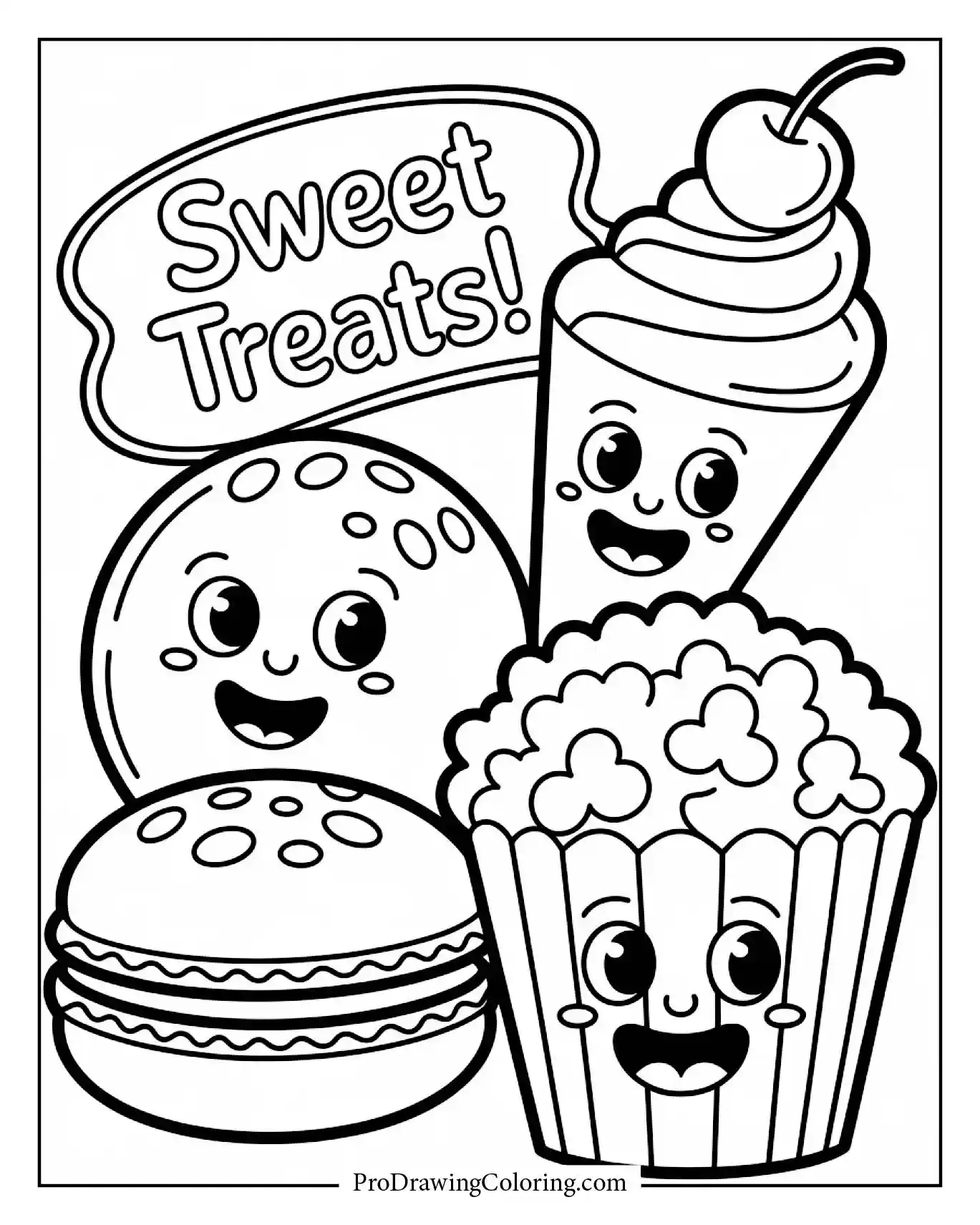 Food cute coloring pages with kawaii desserts and snacks