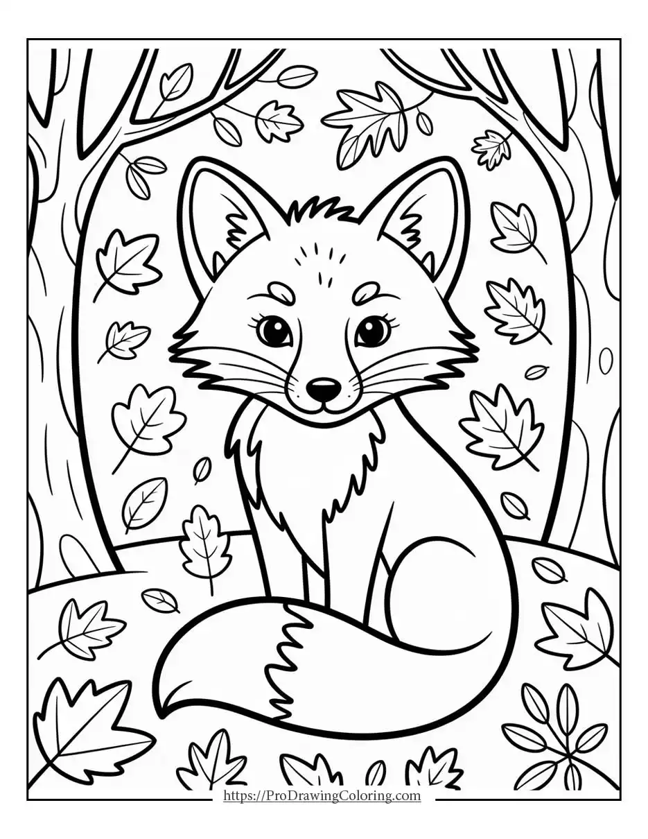 Fox sitting calmly as leaves fall around in a peaceful woodland setting