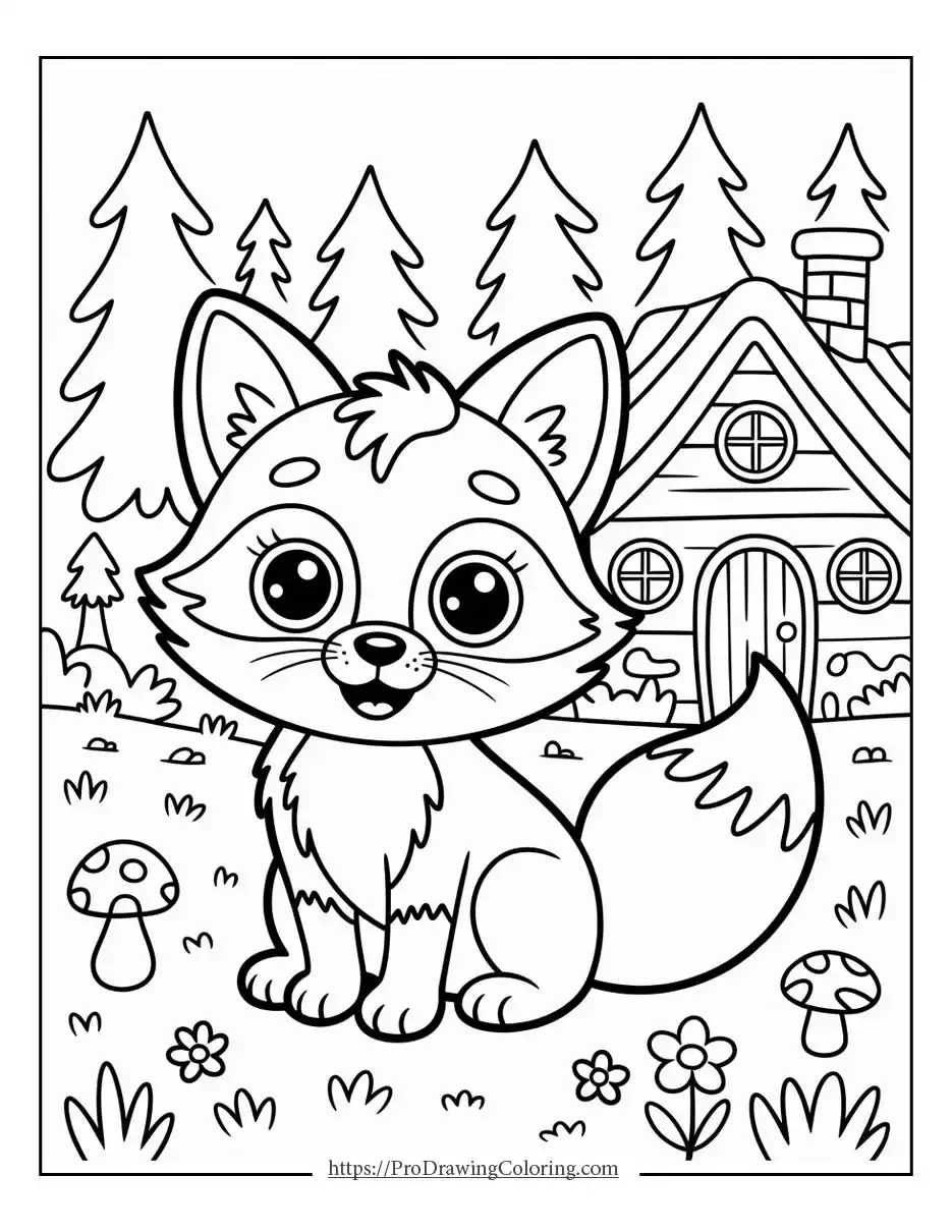 Friendly fox sitting outside a small cabin surrounded by trees and plants
