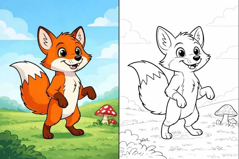 fox coloring pages showing a cute fox standing on grass with a simple background, easy cartoon style for kids