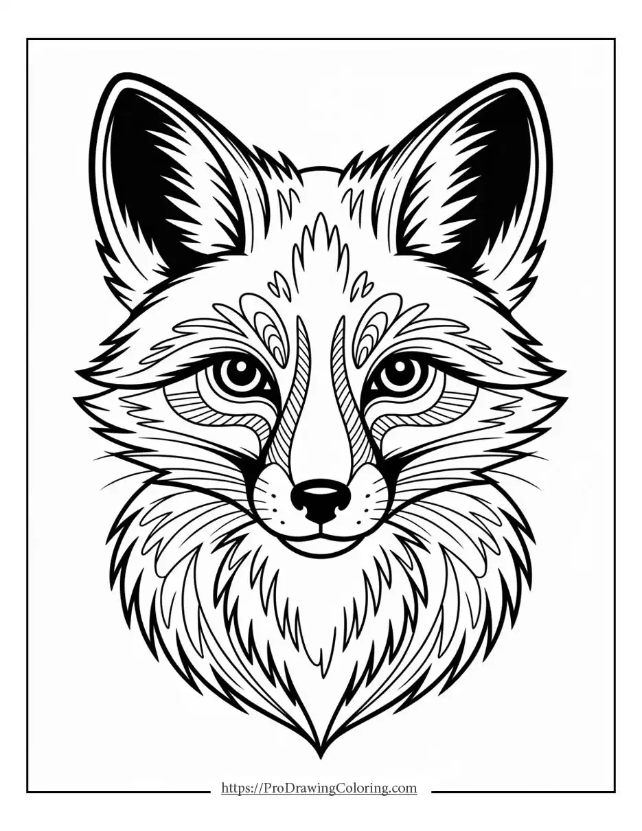 Close-up illustration of a fox face with expressive eyes and detailed fur lines