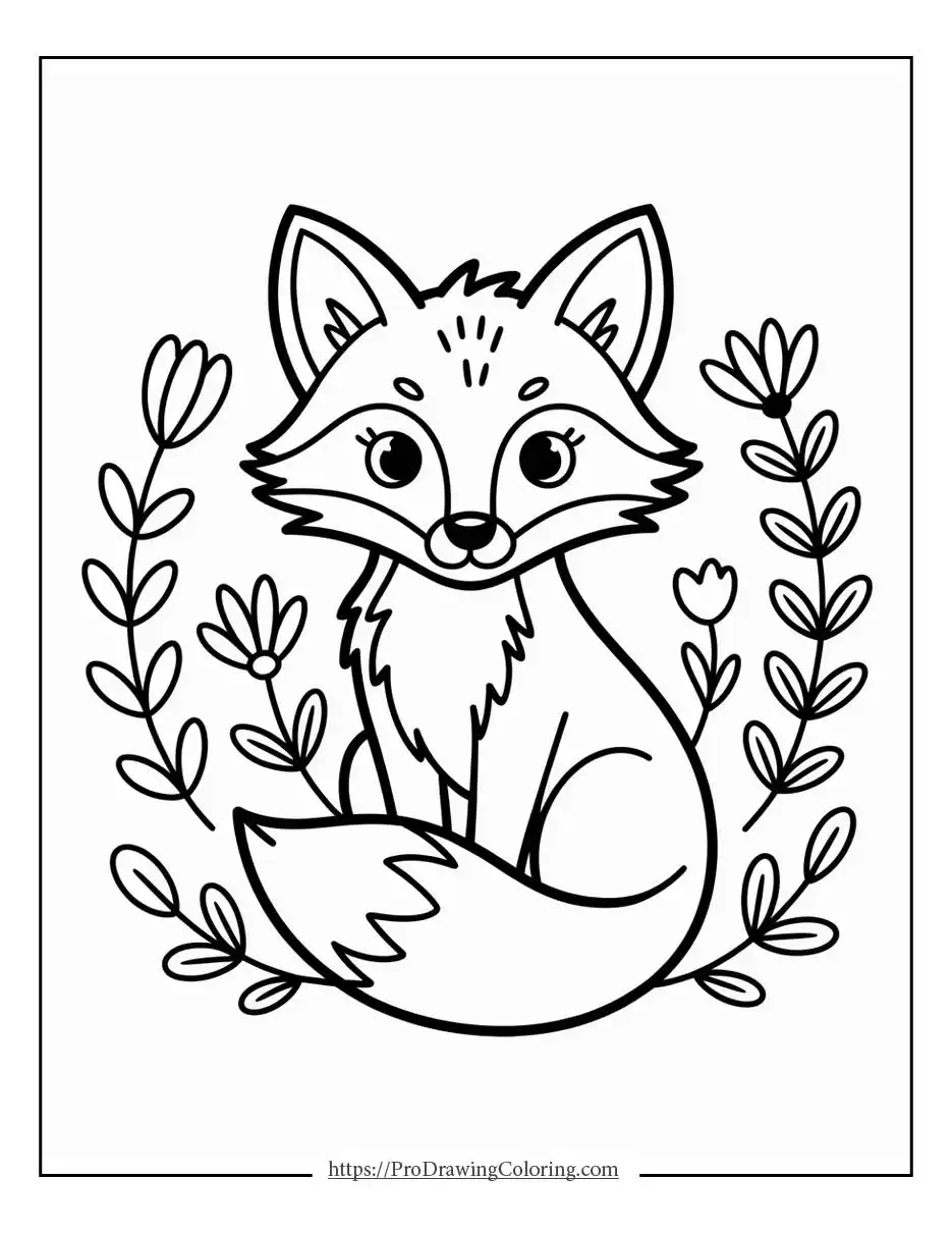Cute fox sitting peacefully framed by flowers and leafy branches