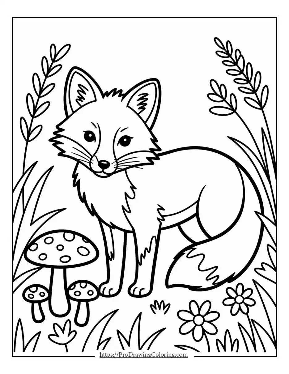 Fox standing in a forest scene with mushrooms and plants