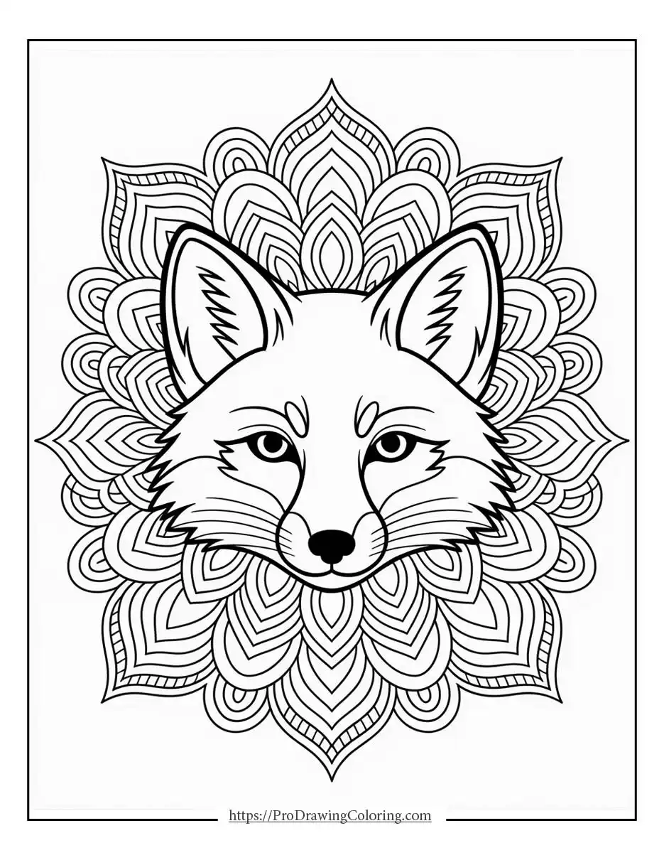 Fox mandala coloring page, adult fox coloring pages printable