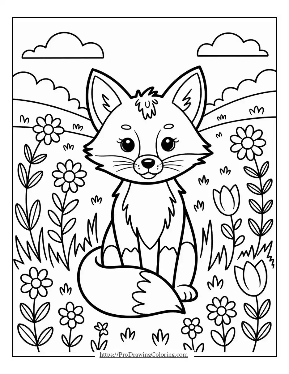 Fox sitting in a meadow surrounded by flowers and grass