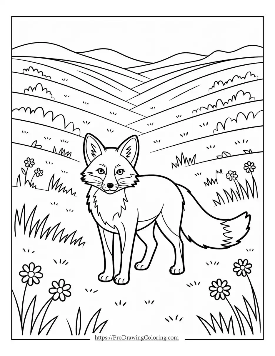 Fox standing in open fields with hills and flowers in the background