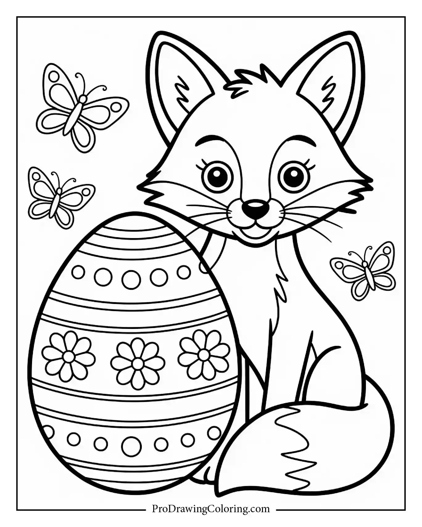 A smiling fox sitting next to a beautifully decorated Easter egg with butterflies flying around.