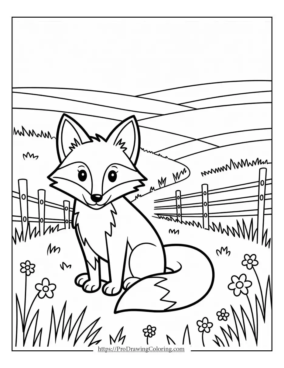 Fox sitting near a wooden fence in a peaceful countryside landscape