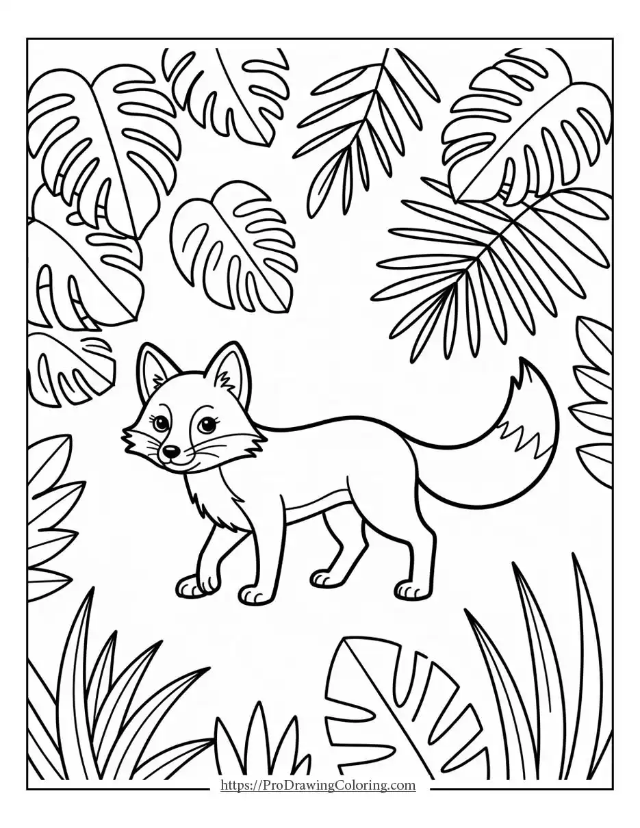 Fox standing in the center surrounded by large decorative leaves and plants