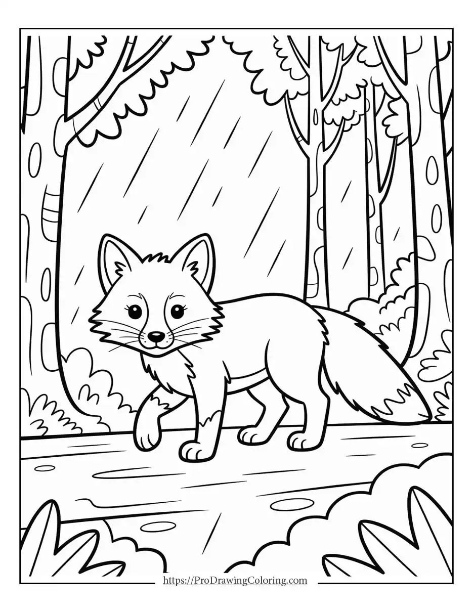 Fox walking calmly through a forest with trees and soft background details