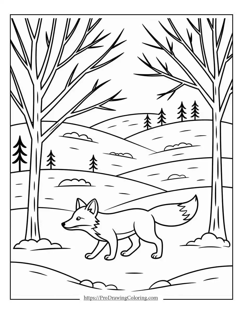 Fox walking through open snowy hills with bare trees and distant landscape