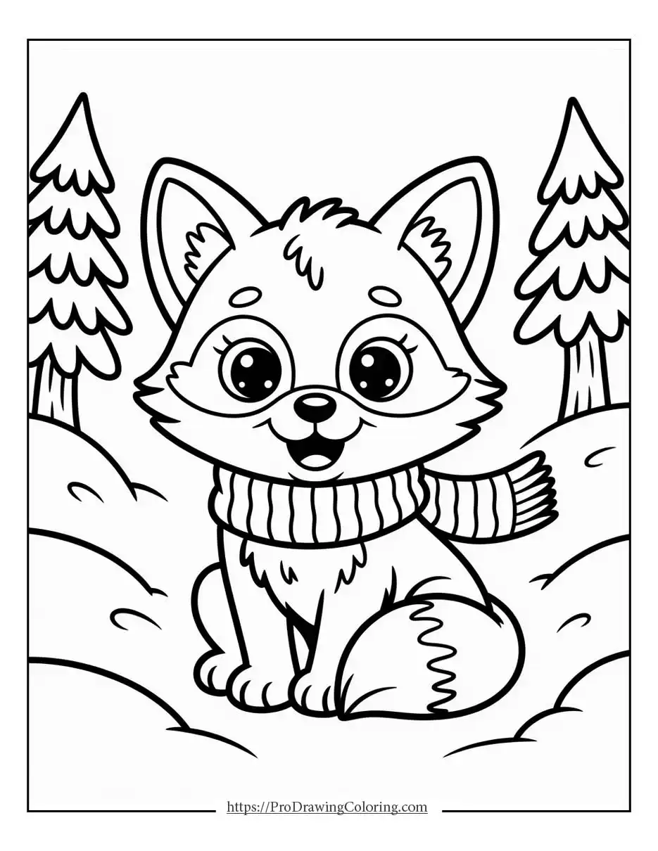 Smiling fox sitting on snowy hills with trees in the background, wearing a warm scarf