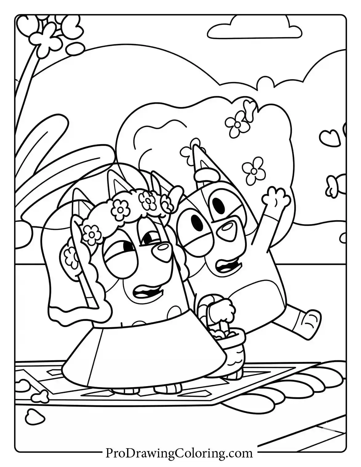 Free bingo from bluey drawing showing the little girl as a flower girl with Frisky.