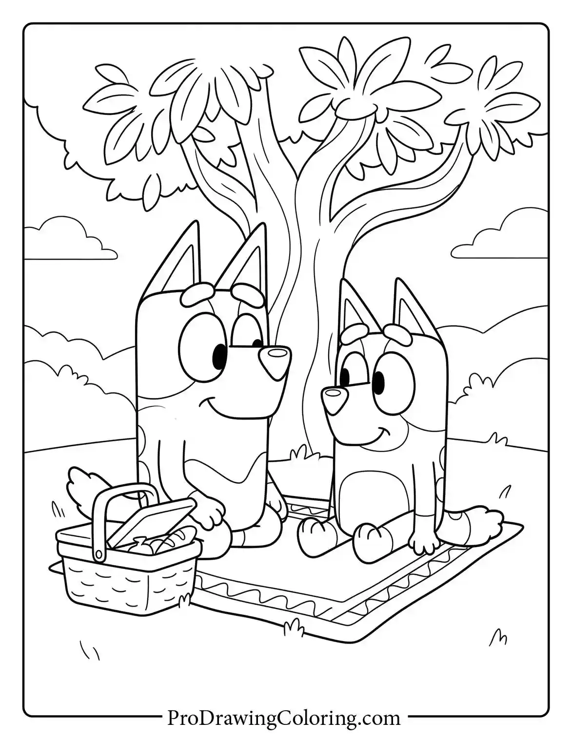 Bluey and Bingo enjoying this free coloring page by having an outdoor picnic under a tree.