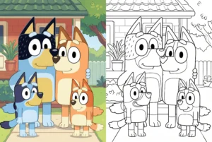 Free Bluey coloring pages showing the Heeler family: Bluey, Bingo, Bandit, and Chilli standing together in front of their house.