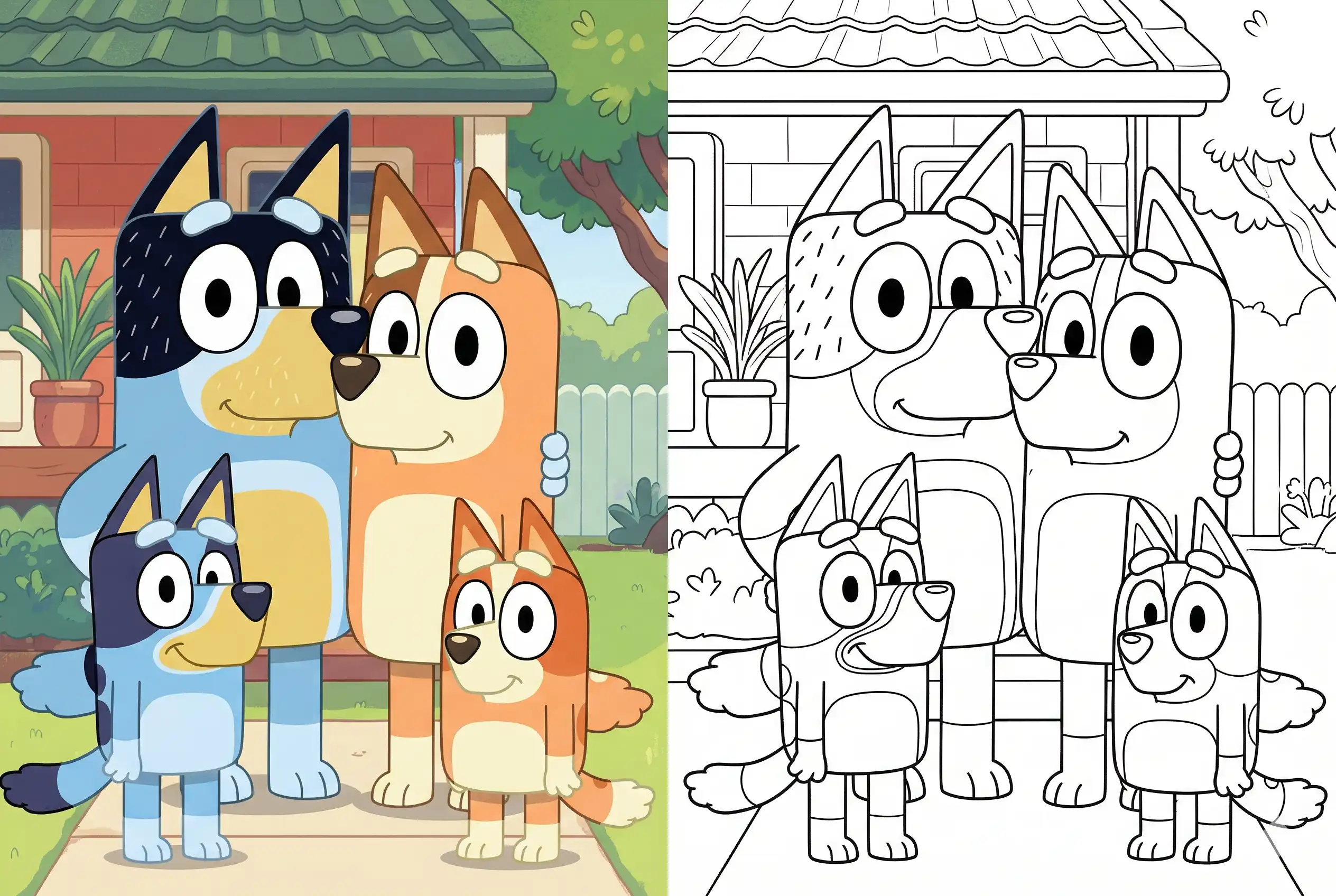 Free Bluey coloring pages showing the Heeler family: Bluey, Bingo, Bandit, and Chilli standing together in front of their house.