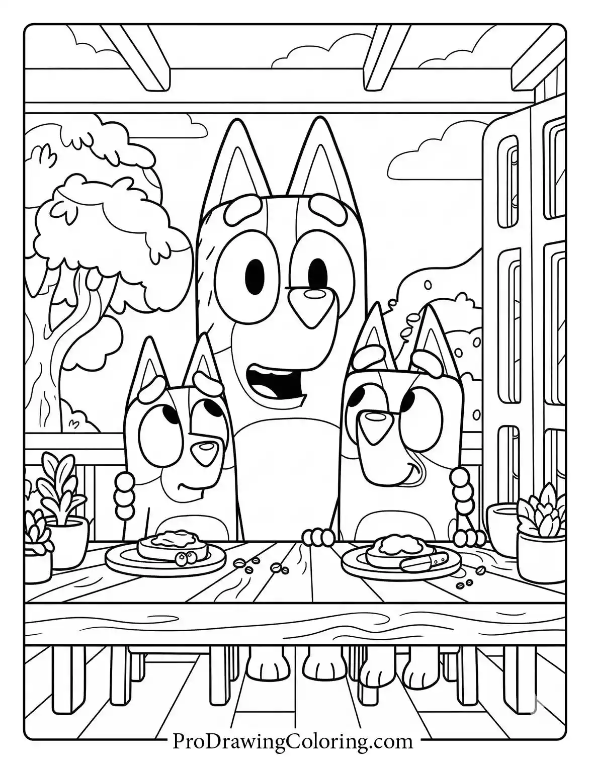 Free printable coloring pages of the Heeler family eating dinner together.