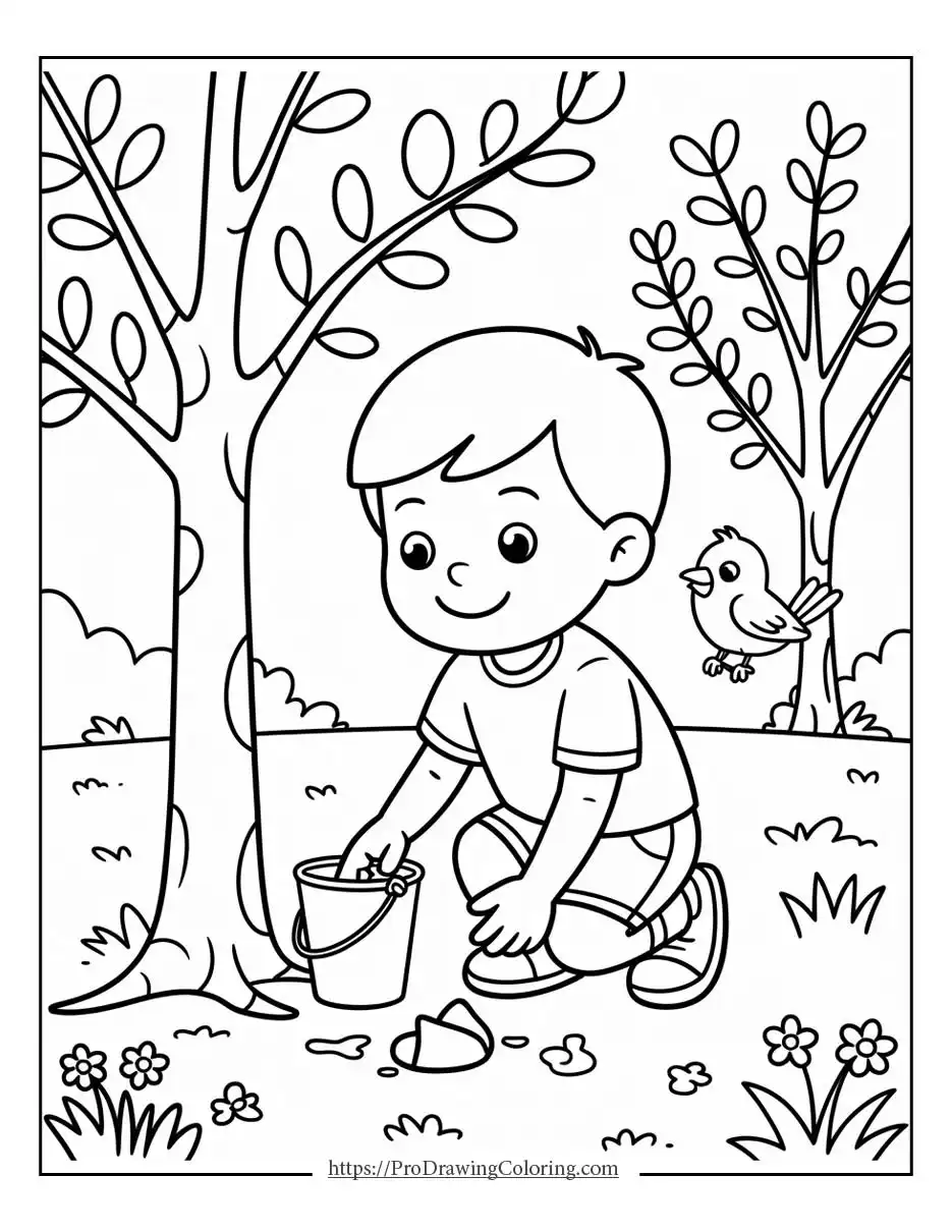 Free earth day coloring pages showing a child cleaning nature in a forest
